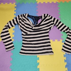 Poof! Black and Cream Striped Long Sleeve Top With Lace "T" Back, Size L